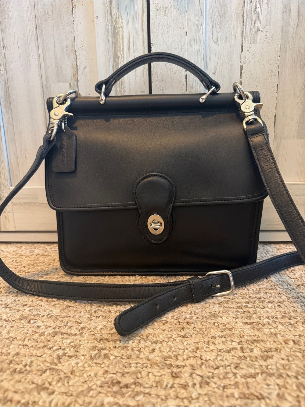 Vintage Coach Black Leather No. 2255 Willis Crossbody Bag with Nickel Hardware